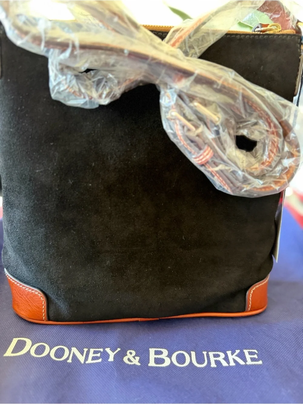 Dooney & Bourke Black Suede Crossbody with Brown Leather Trim